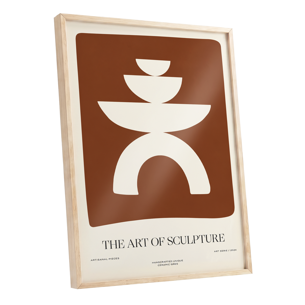 Sculptural Balance, brown, beige, white minimalist wall art shown as a oak framed poster wall art print