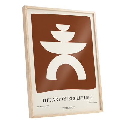 Sculptural Balance, brown, beige, white minimalist wall art shown as a oak framed poster wall art print