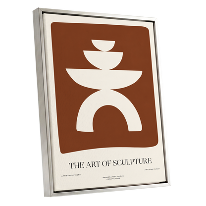 Sculptural Balance, brown, beige, white minimalist wall art shown as a silver framed canvas wall art