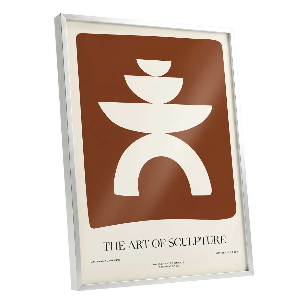 Sculptural Balance, brown, beige, white minimalist wall art shown as a silver framed poster wall art print