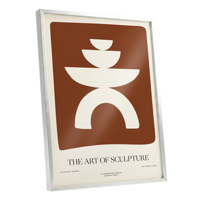 Sculptural Balance, brown, beige, white minimalist wall art shown as a silver framed poster wall art print