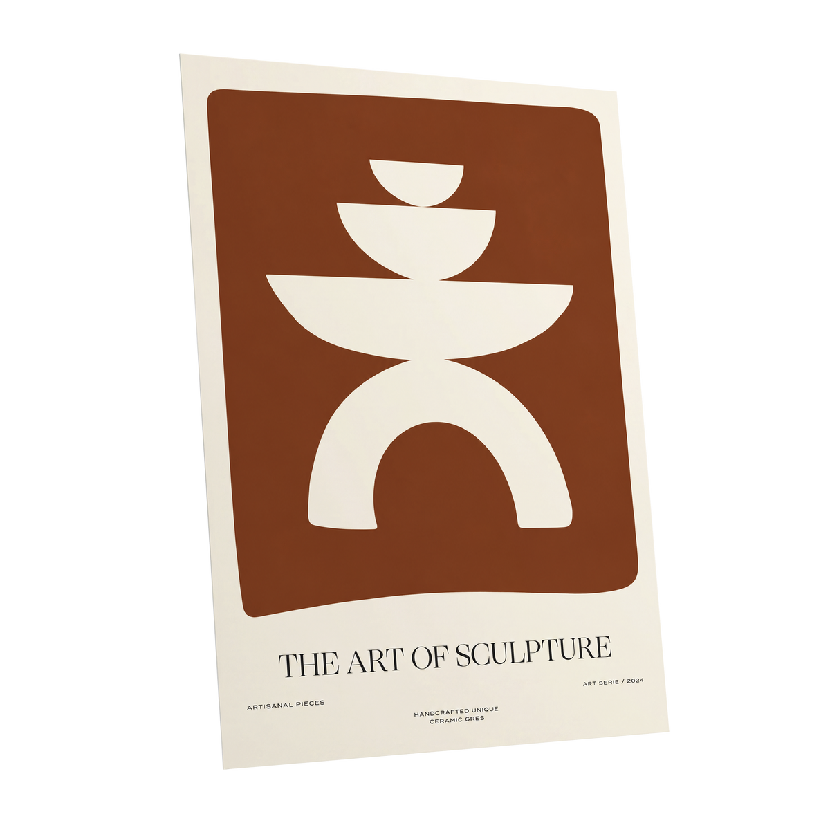 Sculptural Balance, brown, beige, white minimalist wall art shown as a unframed poster wall art print