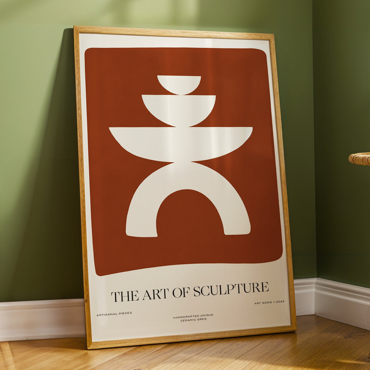 Sculptural Balance, brown, beige, white minimalist wall art displayed in a styled interior, gallery view 2