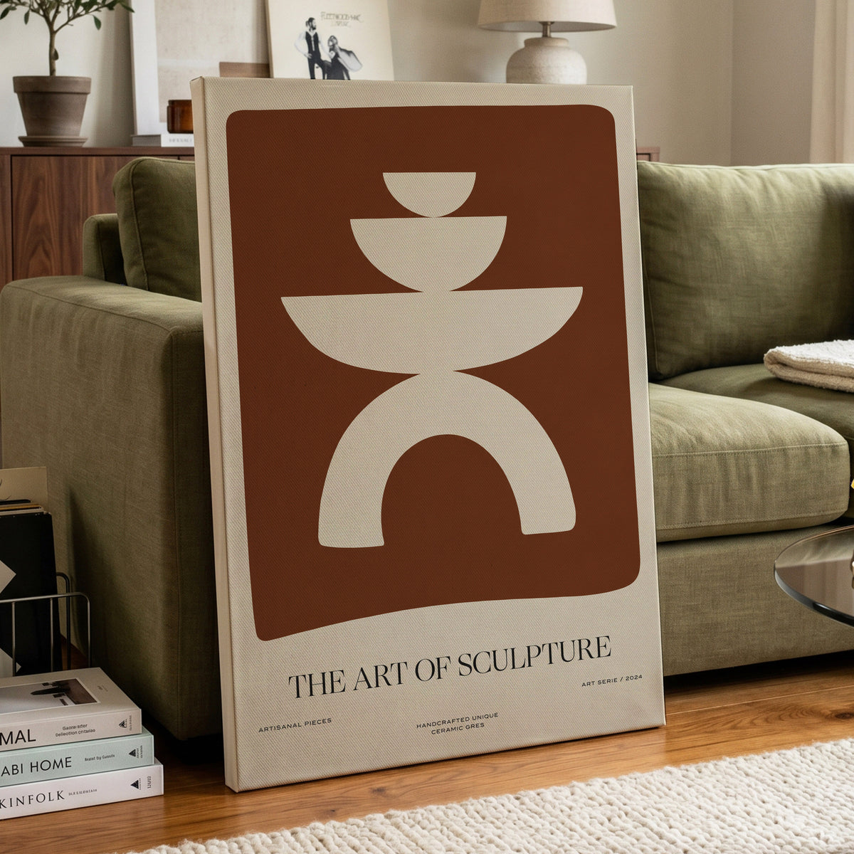 Sculptural Balance, brown, beige, white minimalist wall art displayed in a styled interior, gallery view 3