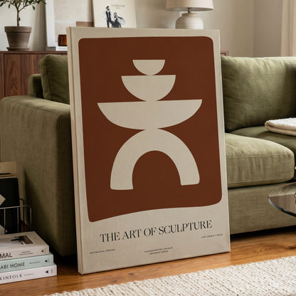 Sculptural Balance, brown, beige, white minimalist wall art displayed in a styled interior, gallery view 3