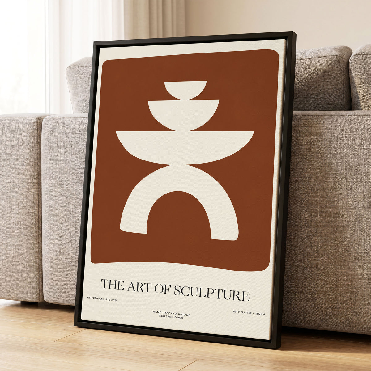 Sculptural Balance, brown, beige, white minimalist wall art displayed in a styled interior, gallery view 4