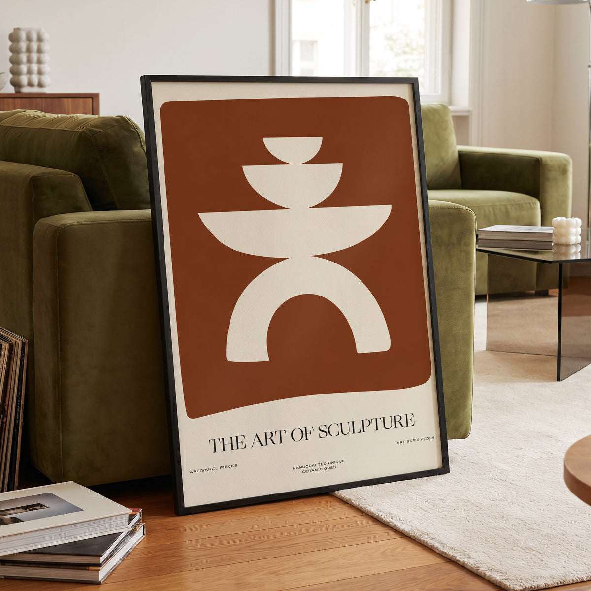 Sculptural Balance, brown, beige, white minimalist wall art displayed in a styled interior, gallery view 6
