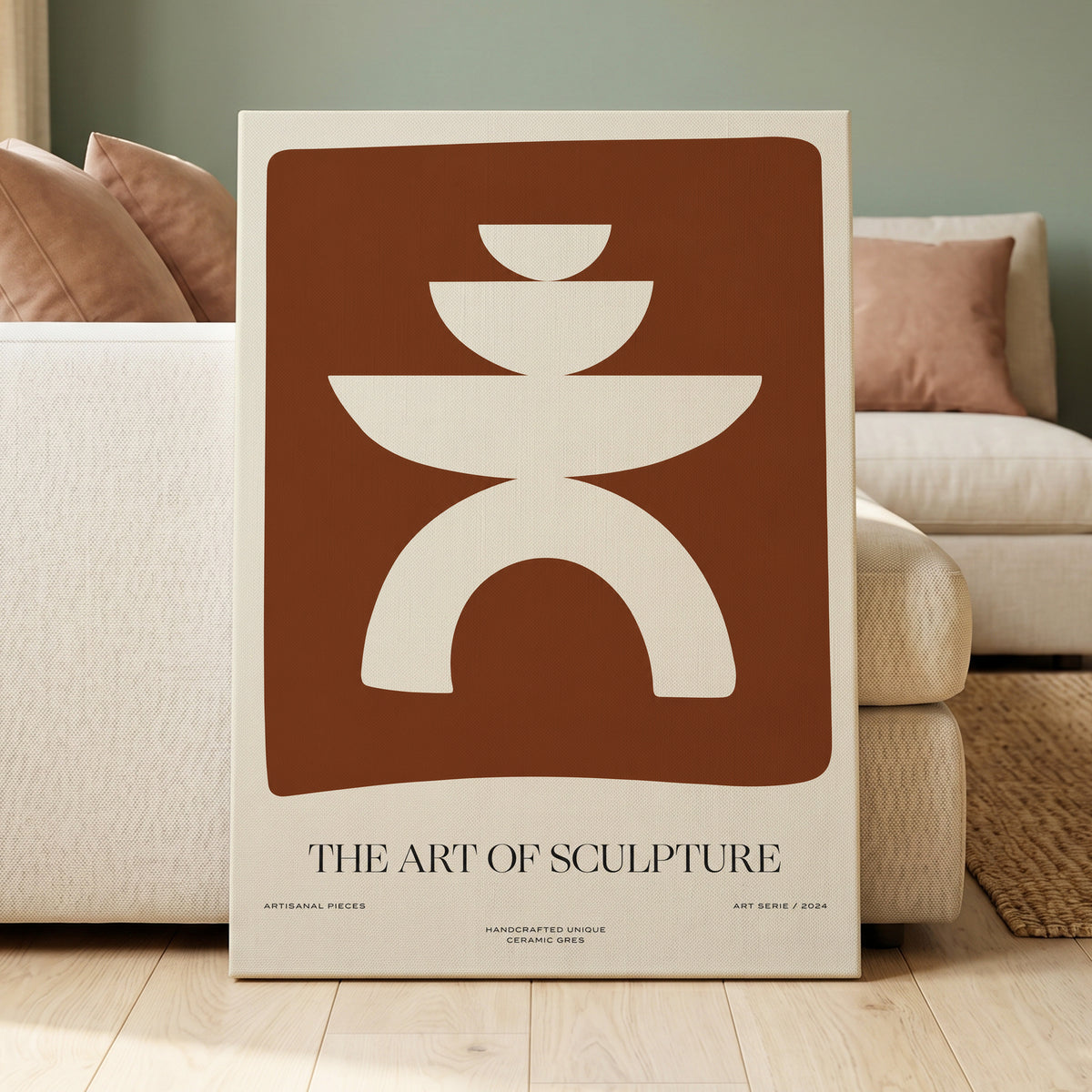 Sculptural Balance, brown, beige, white minimalist wall art displayed in a styled interior, gallery view 7