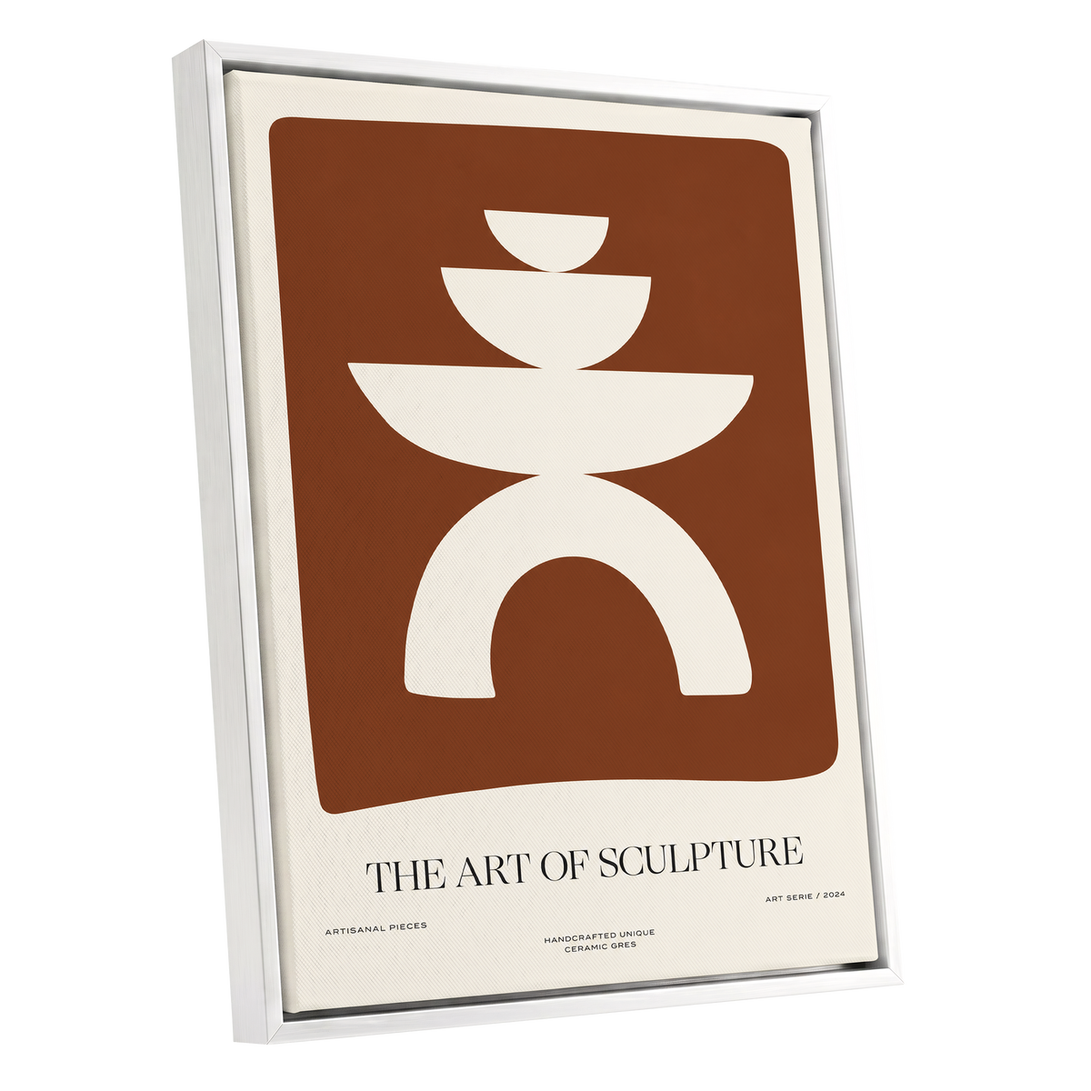Sculptural Balance, brown, beige, white minimalist wall art shown as a white framed canvas wall art