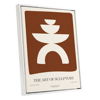 Sculptural Balance, brown, beige, white minimalist wall art shown as a white framed canvas wall art
