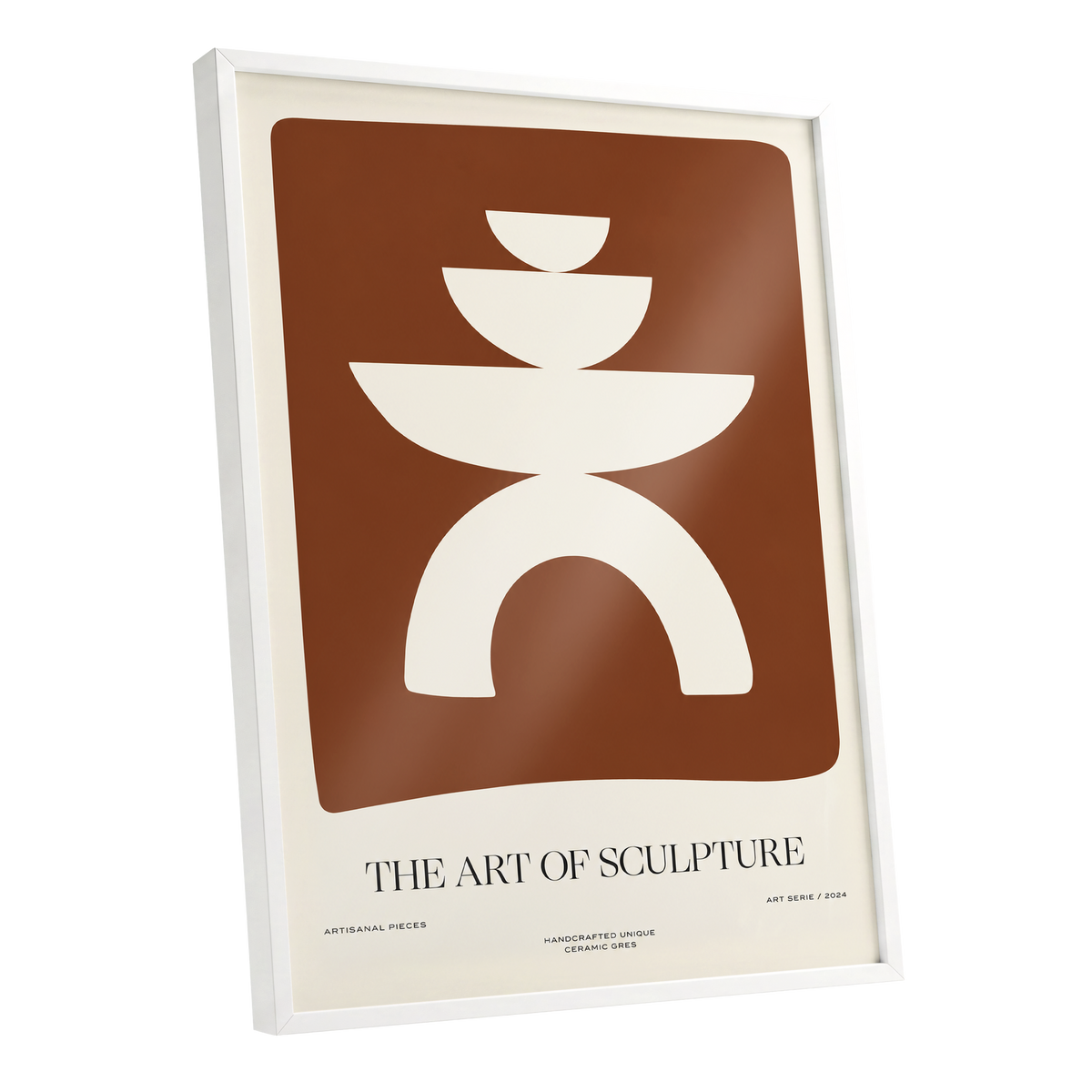 Sculptural Balance, brown, beige, white minimalist wall art shown as a white framed poster wall art print