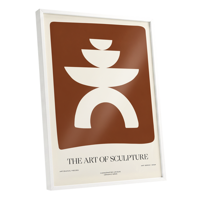 Sculptural Balance, brown, beige, white minimalist wall art shown as a white framed poster wall art print