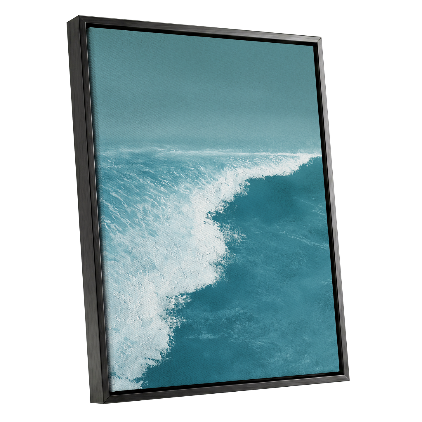 Seafoam Arc, blue, white, gray nature wall art shown as a black framed canvas wall art