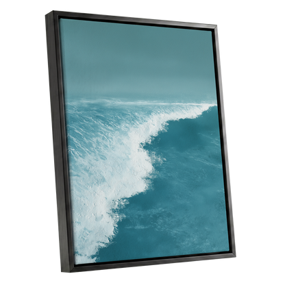 Seafoam Arc, blue, white, gray nature wall art shown as a black framed canvas wall art