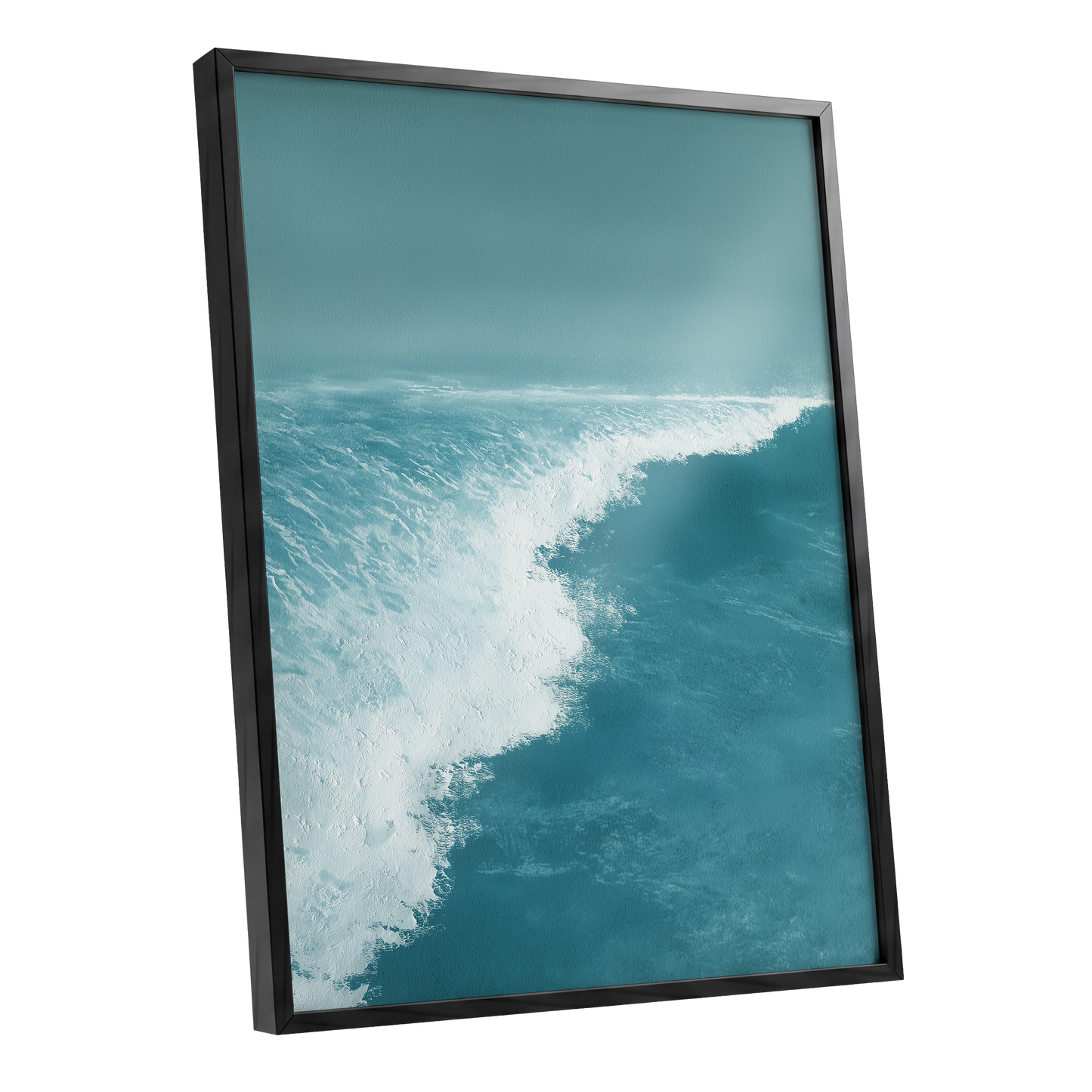 Seafoam Arc, blue, white, gray nature wall art shown as a black framed poster wall art print