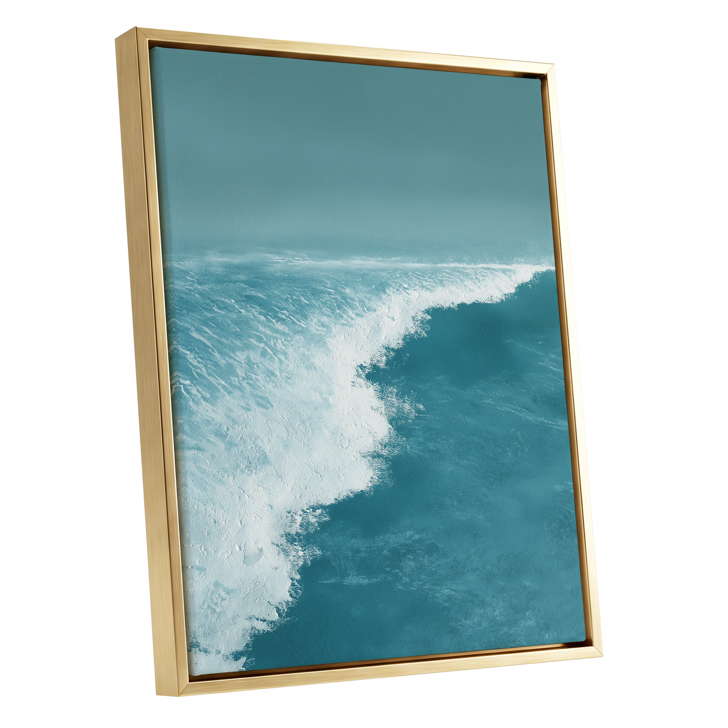 Seafoam Arc, blue, white, gray nature wall art shown as a gold framed canvas wall art