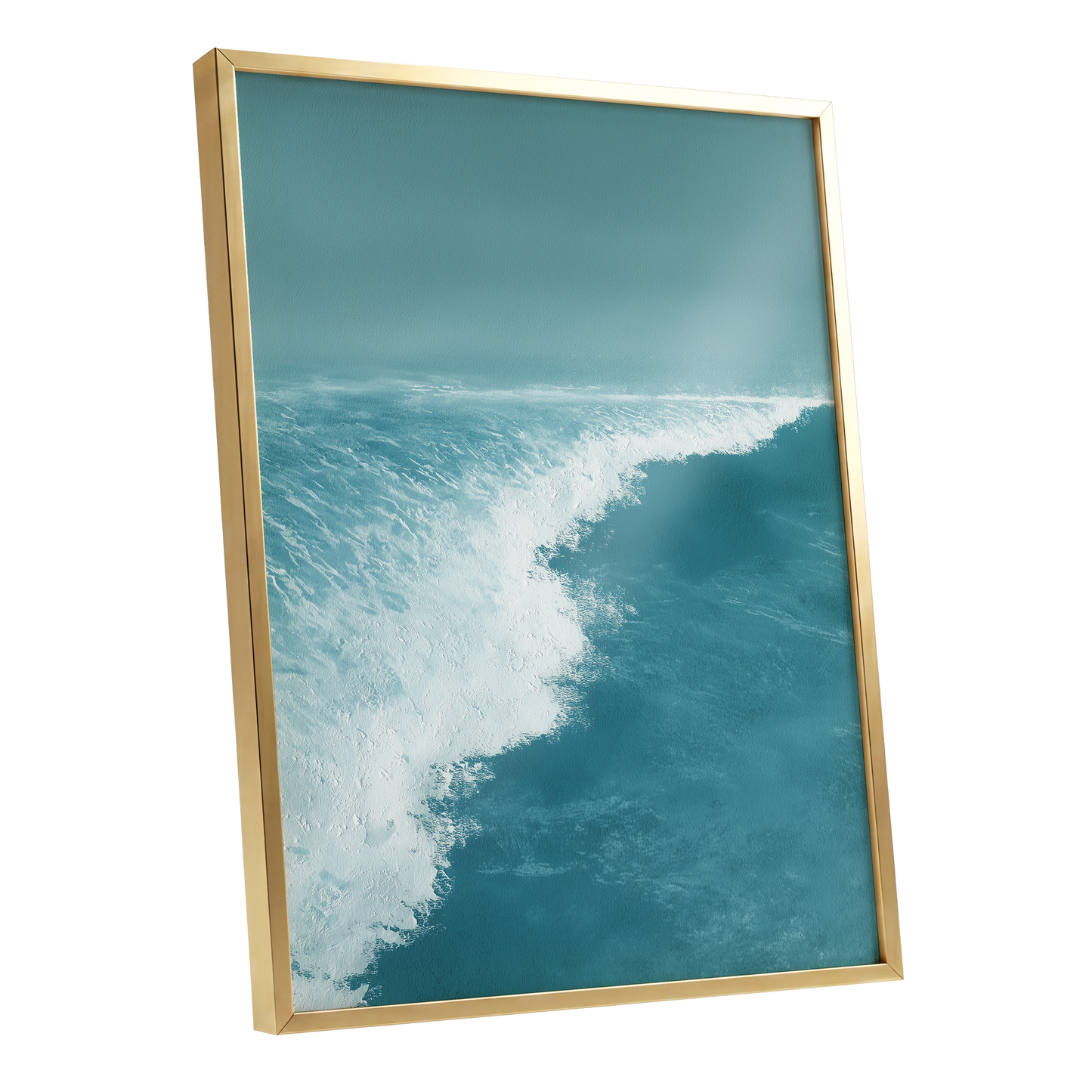 Seafoam Arc, blue, white, gray nature wall art shown as a gold framed poster wall art print