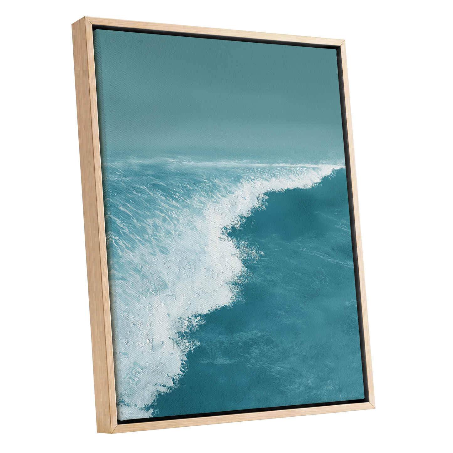 Seafoam Arc, blue, white, gray nature wall art shown as a oak framed canvas wall art