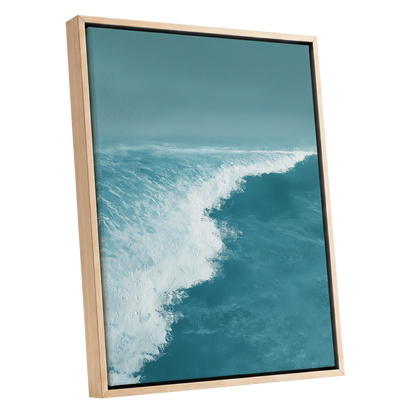 Seafoam Arc, blue, white, gray nature wall art shown as a oak framed canvas wall art