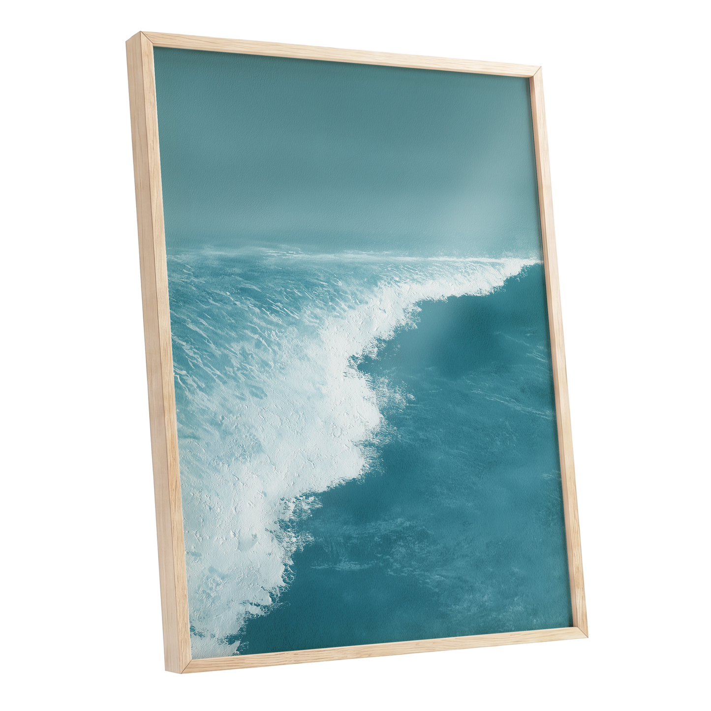 Seafoam Arc, blue, white, gray nature wall art shown as a oak framed poster wall art print