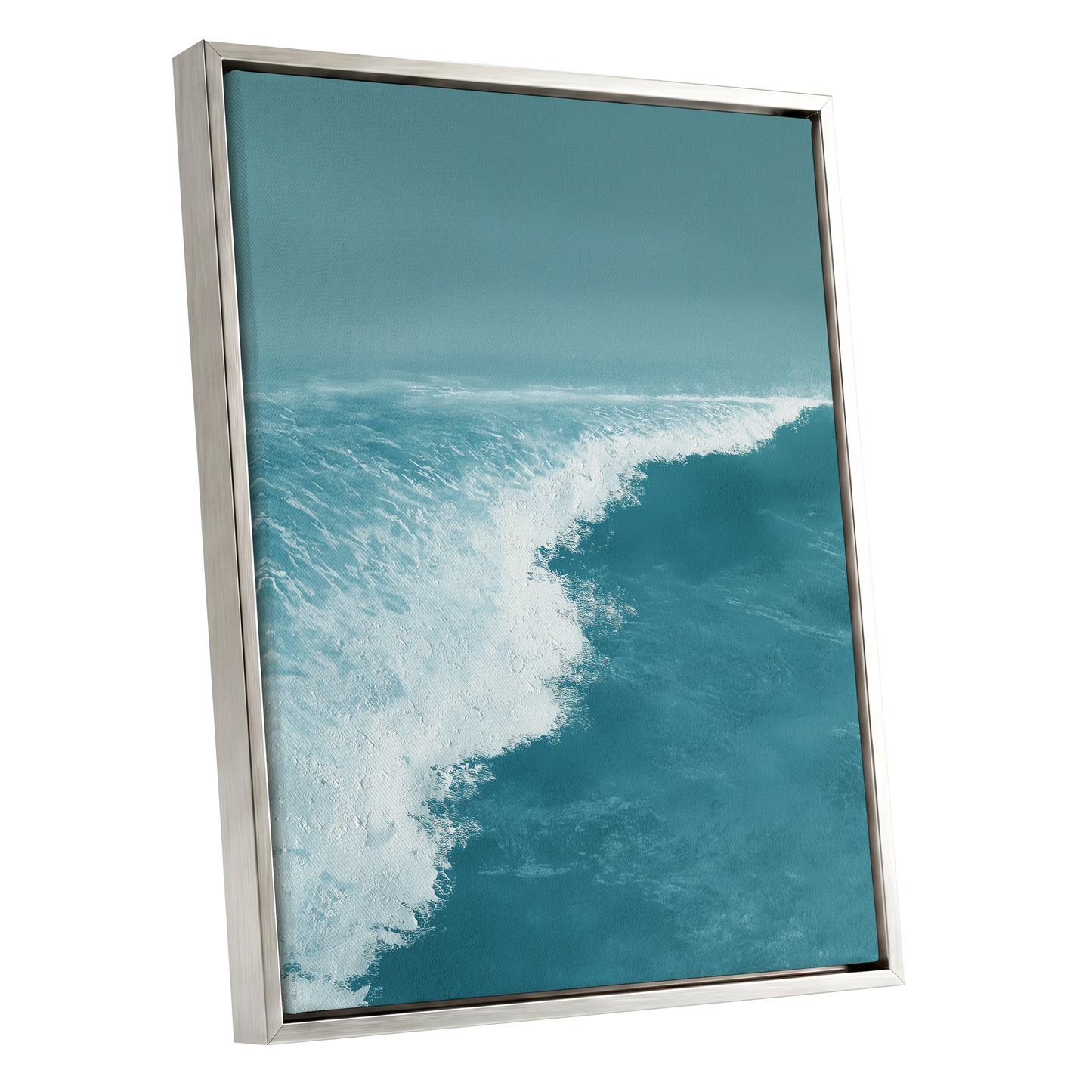 Seafoam Arc, blue, white, gray nature wall art shown as a silver framed canvas wall art