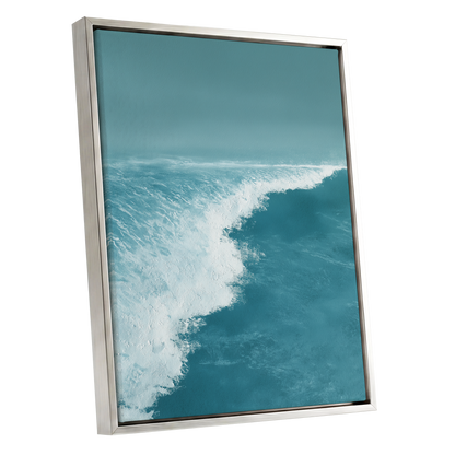 Seafoam Arc, blue, white, gray nature wall art shown as a silver framed canvas wall art