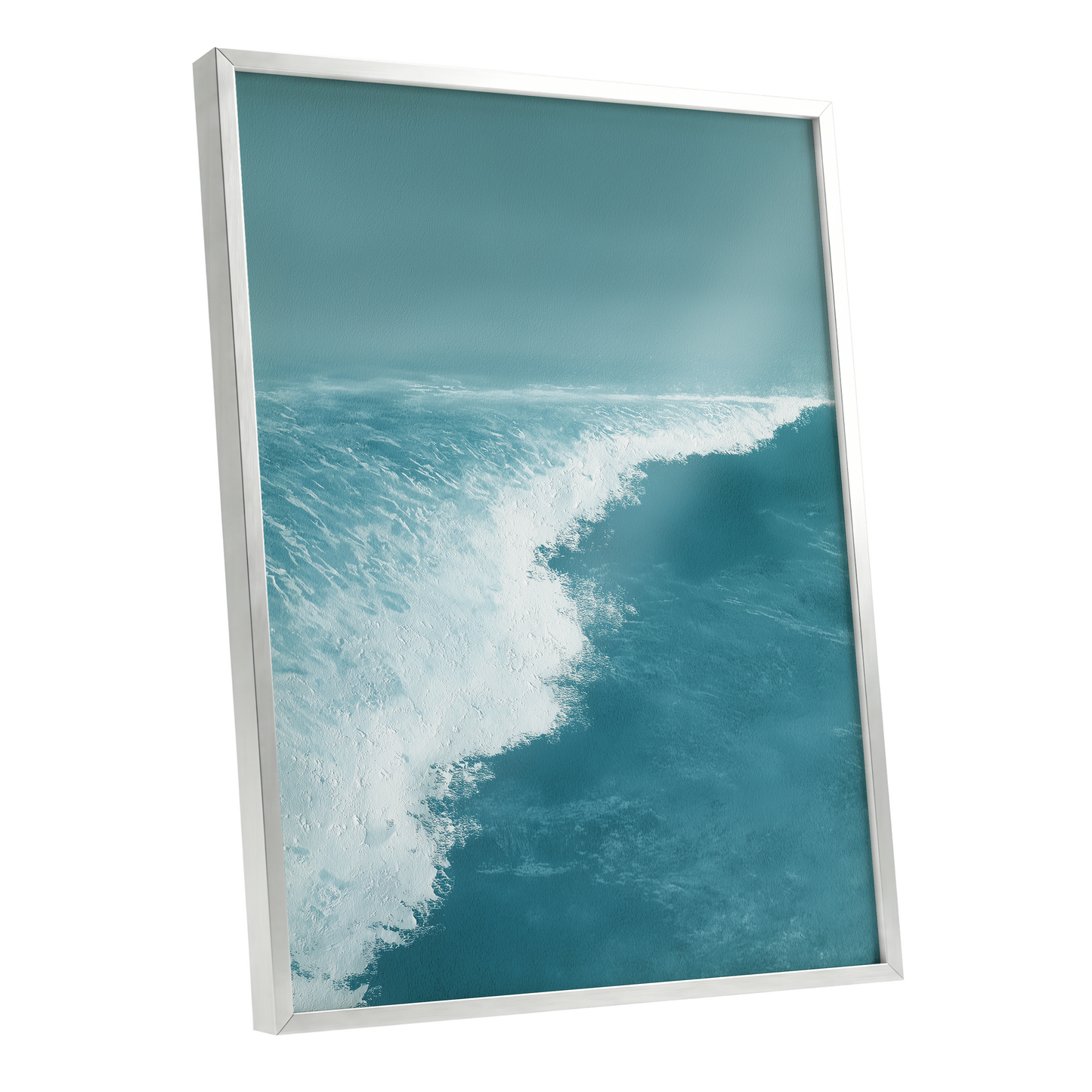 Seafoam Arc, blue, white, gray nature wall art shown as a silver framed poster wall art print