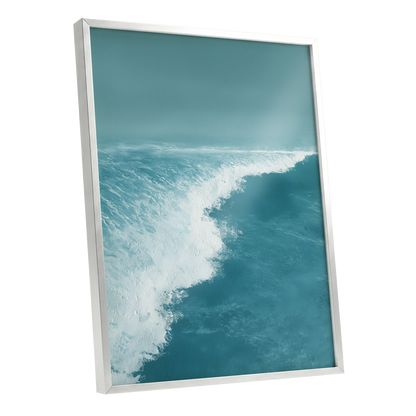Seafoam Arc, blue, white, gray nature wall art shown as a silver framed poster wall art print
