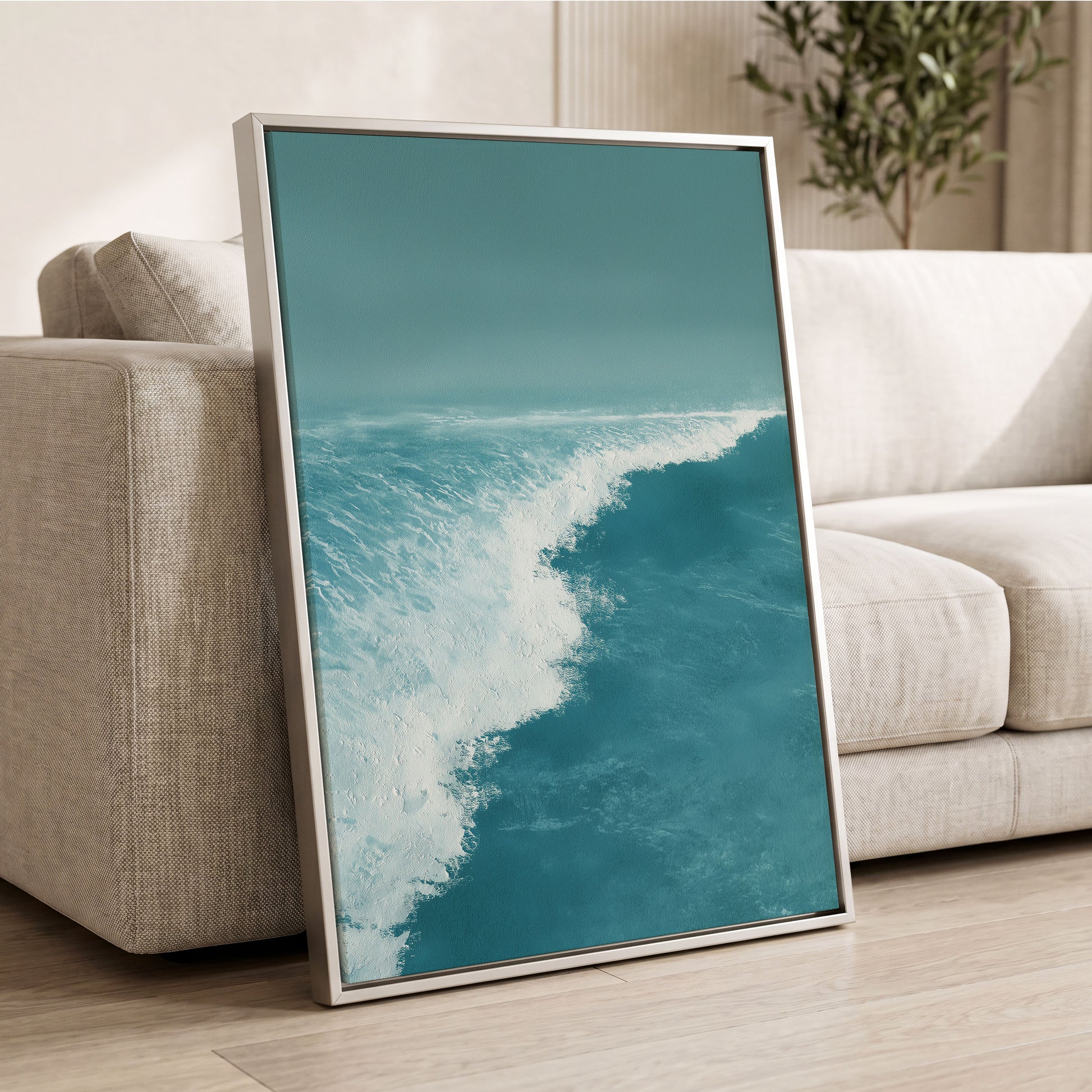 Seafoam Arc, blue, white, gray nature wall art displayed in a styled interior, gallery view 8