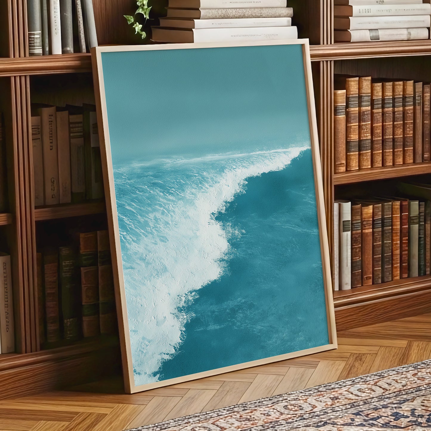 Seafoam Arc, blue, white, gray nature wall art displayed in a styled interior, gallery view 9
