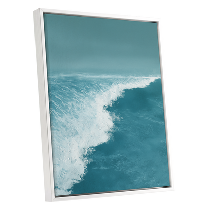 Seafoam Arc, blue, white, gray nature wall art shown as a white framed canvas wall art