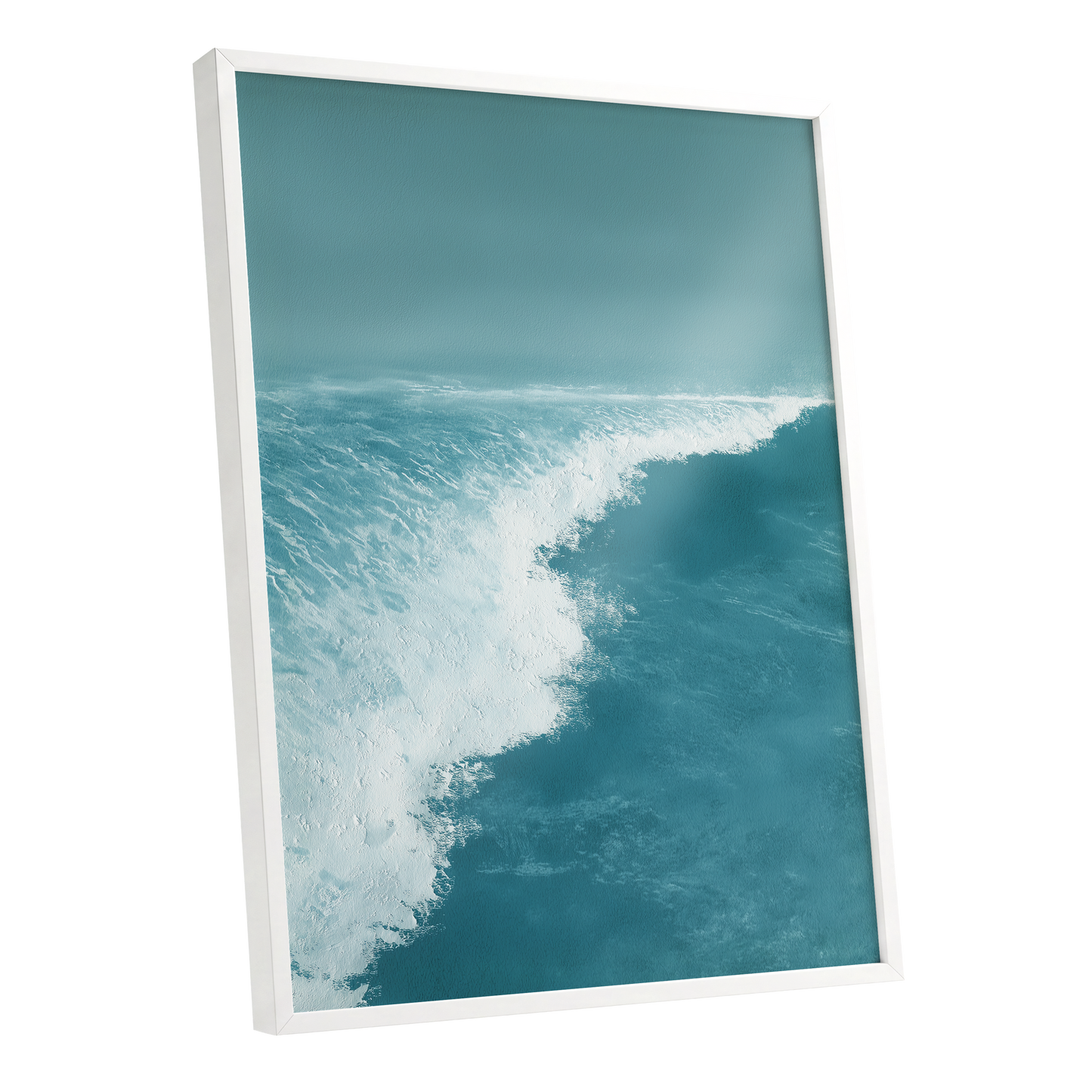 Seafoam Arc, blue, white, gray nature wall art shown as a white framed poster wall art print