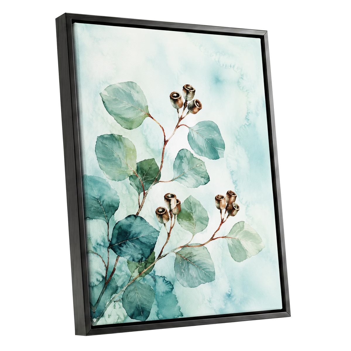 Seafoam Branches, green, blue, brown nature wall art shown as a black framed canvas wall art