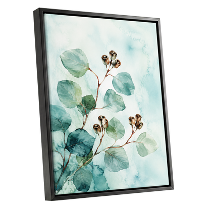 Seafoam Branches, green, blue, brown nature wall art shown as a black framed canvas wall art