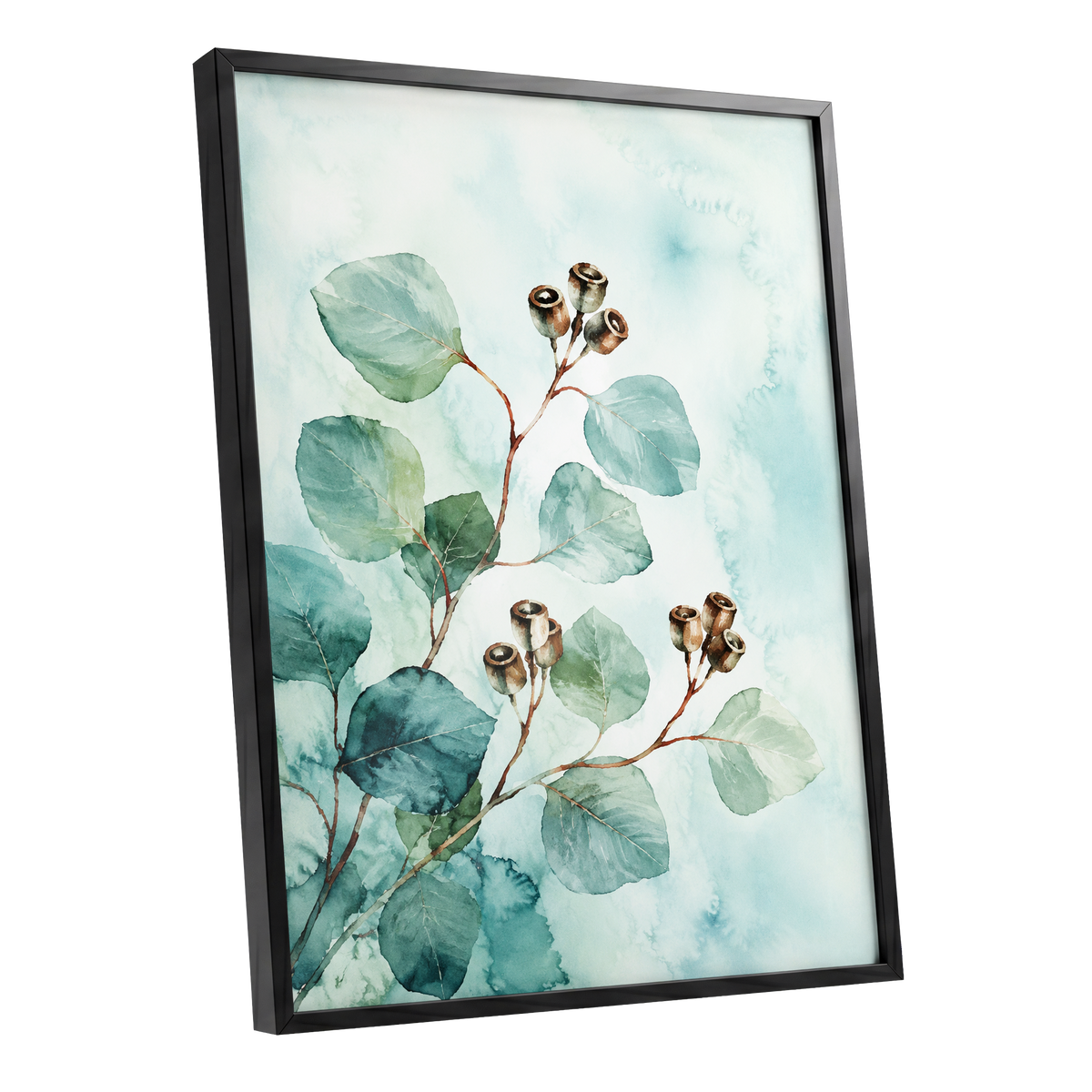 Seafoam Branches, green, blue, brown nature wall art shown as a black framed poster wall art print