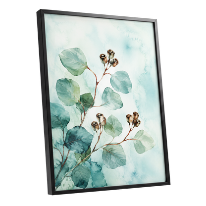 Seafoam Branches, green, blue, brown nature wall art shown as a black framed poster wall art print