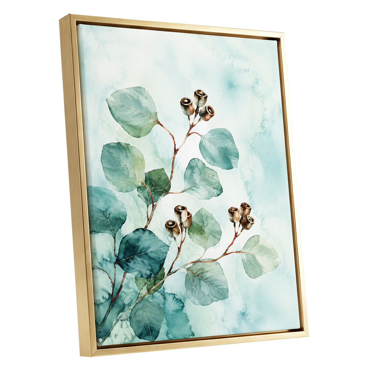 Seafoam Branches, green, blue, brown nature wall art shown as a gold framed canvas wall art