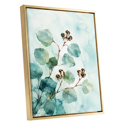 Seafoam Branches, green, blue, brown nature wall art shown as a gold framed canvas wall art
