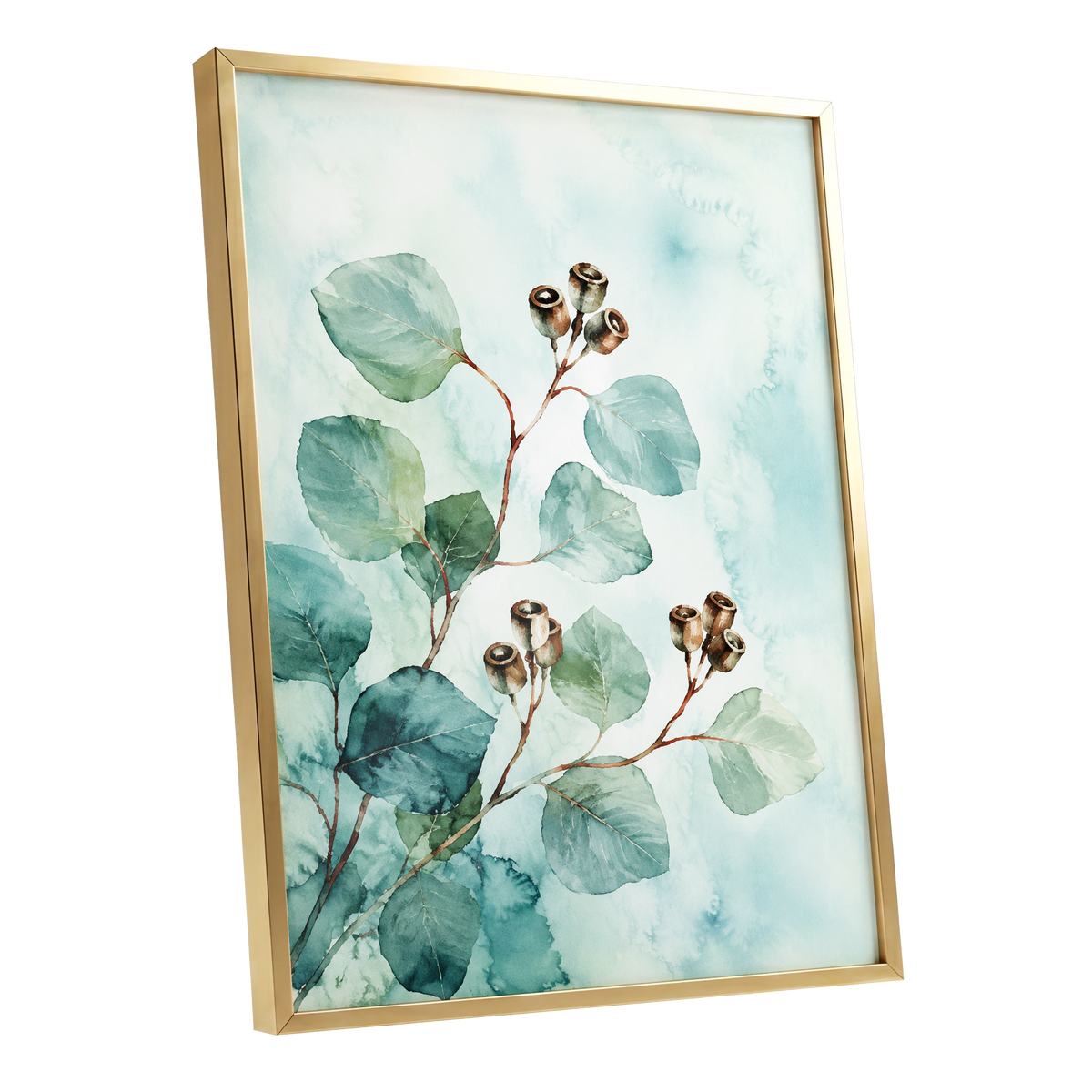 Seafoam Branches, green, blue, brown nature wall art shown as a gold framed poster wall art print