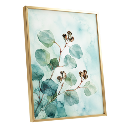 Seafoam Branches, green, blue, brown nature wall art shown as a gold framed poster wall art print