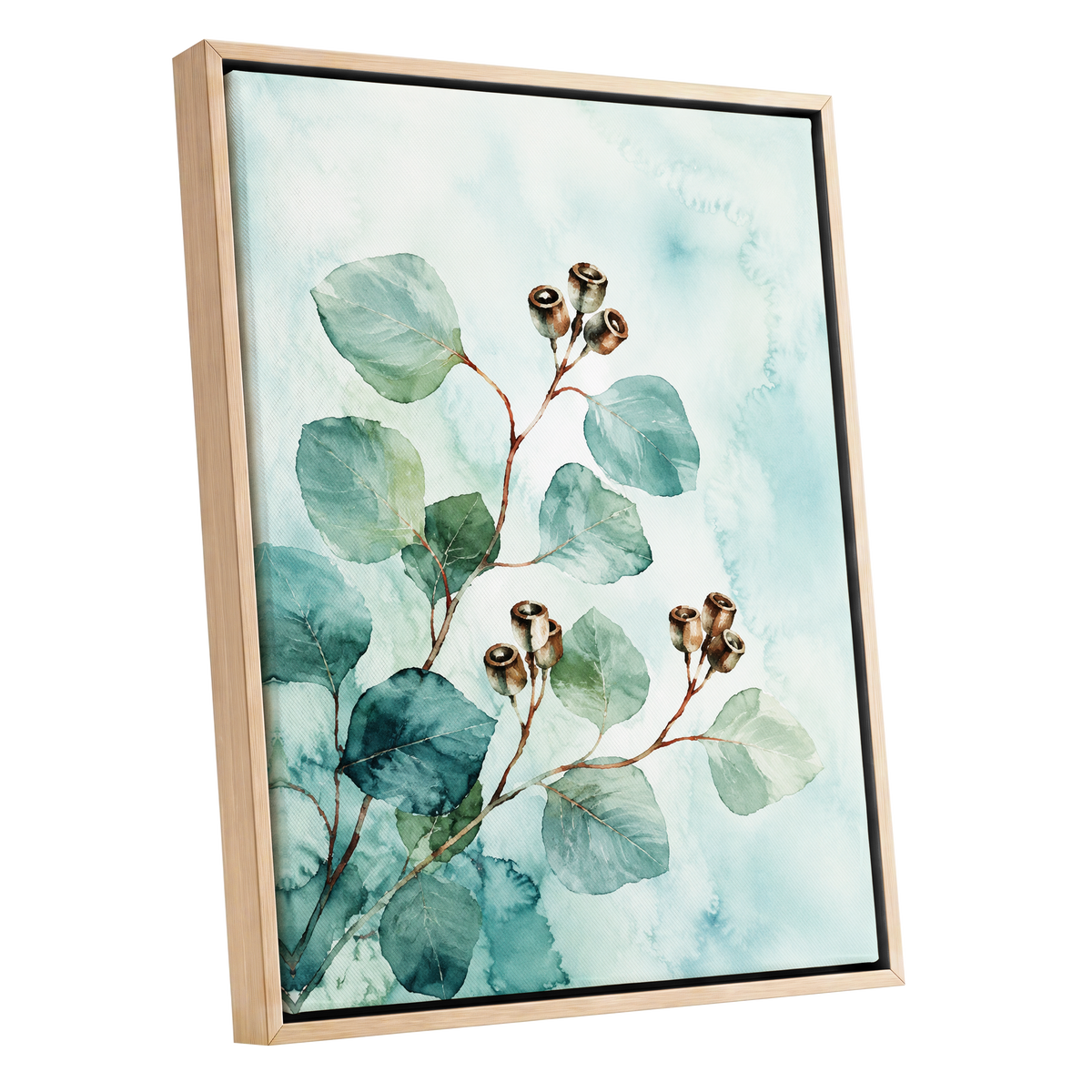 Seafoam Branches, green, blue, brown nature wall art shown as a oak framed canvas wall art