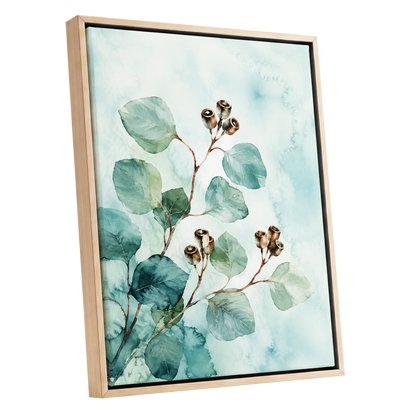 Seafoam Branches, green, blue, brown nature wall art shown as a oak framed canvas wall art