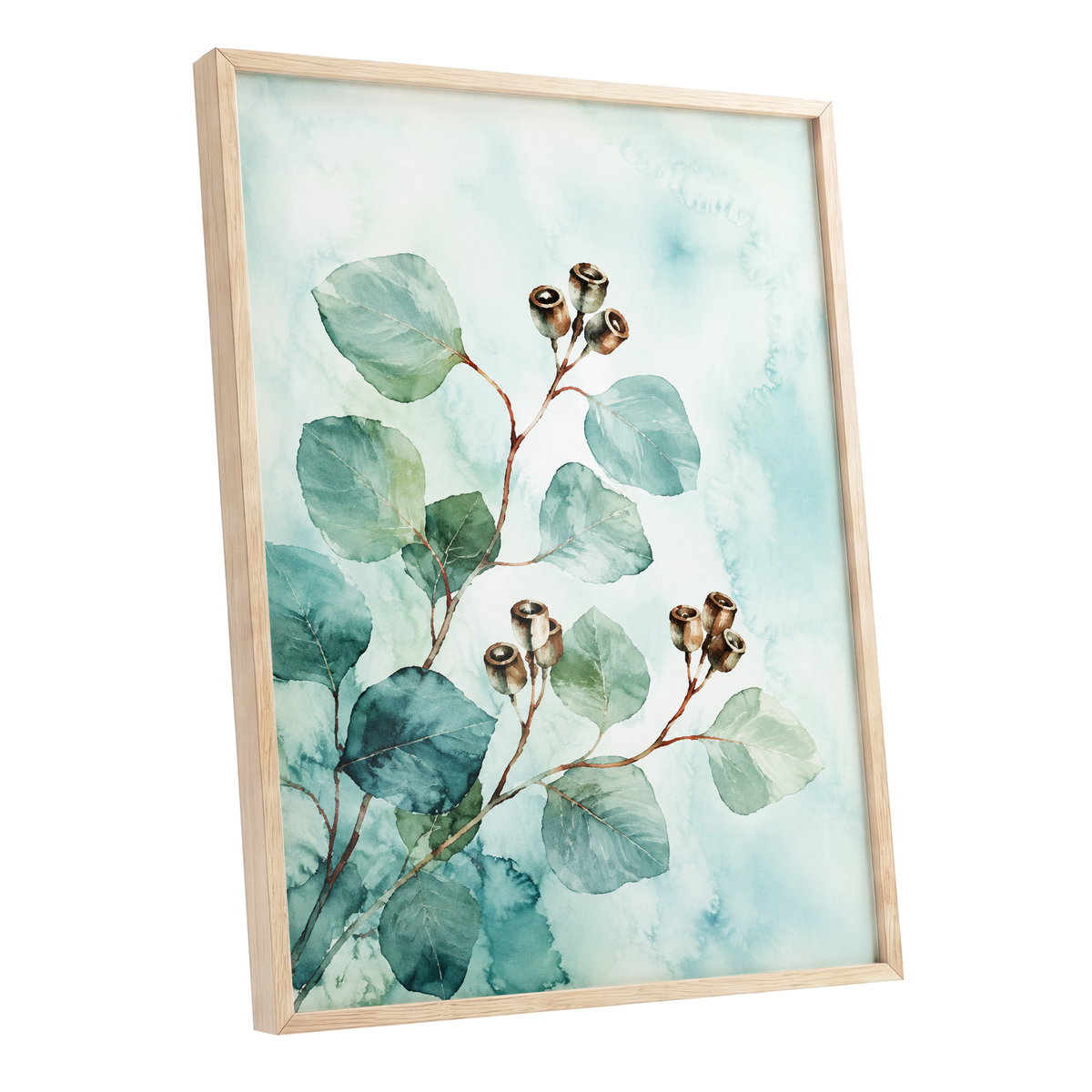 Seafoam Branches, green, blue, brown nature wall art shown as a oak framed poster wall art print