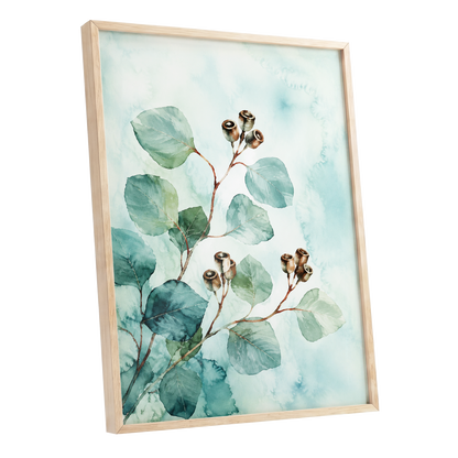 Seafoam Branches, green, blue, brown nature wall art shown as a oak framed poster wall art print