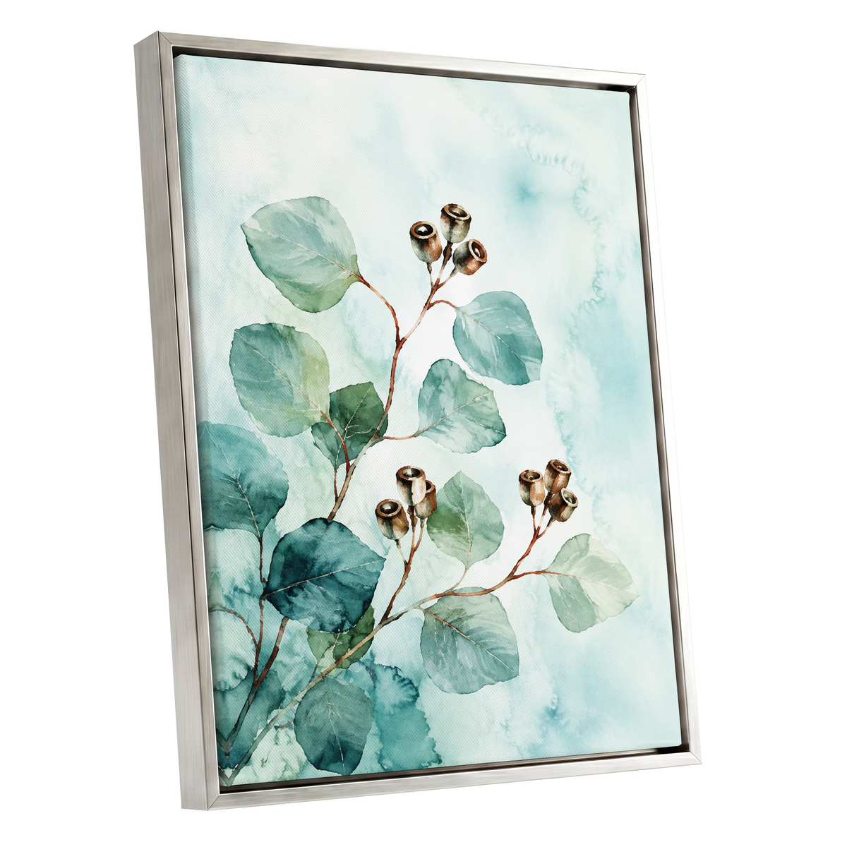 Seafoam Branches, green, blue, brown nature wall art shown as a silver framed canvas wall art