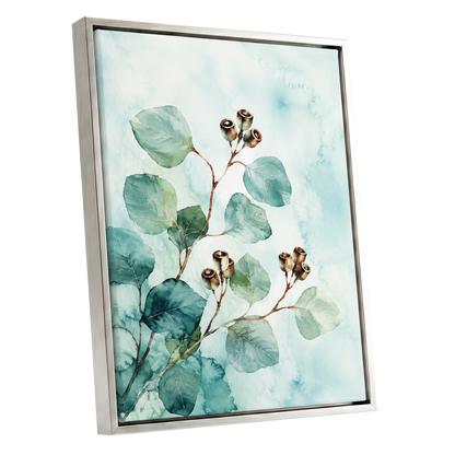 Seafoam Branches, green, blue, brown nature wall art shown as a silver framed canvas wall art