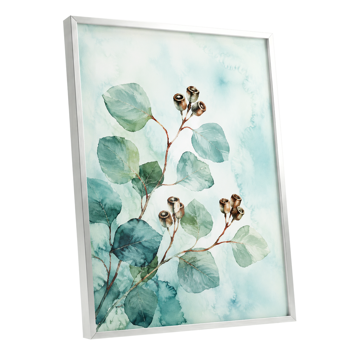 Seafoam Branches, green, blue, brown nature wall art shown as a silver framed poster wall art print