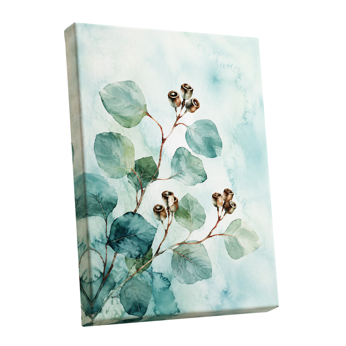 Seafoam Branches, green, blue, brown nature wall art shown as a stretched canvas wall art