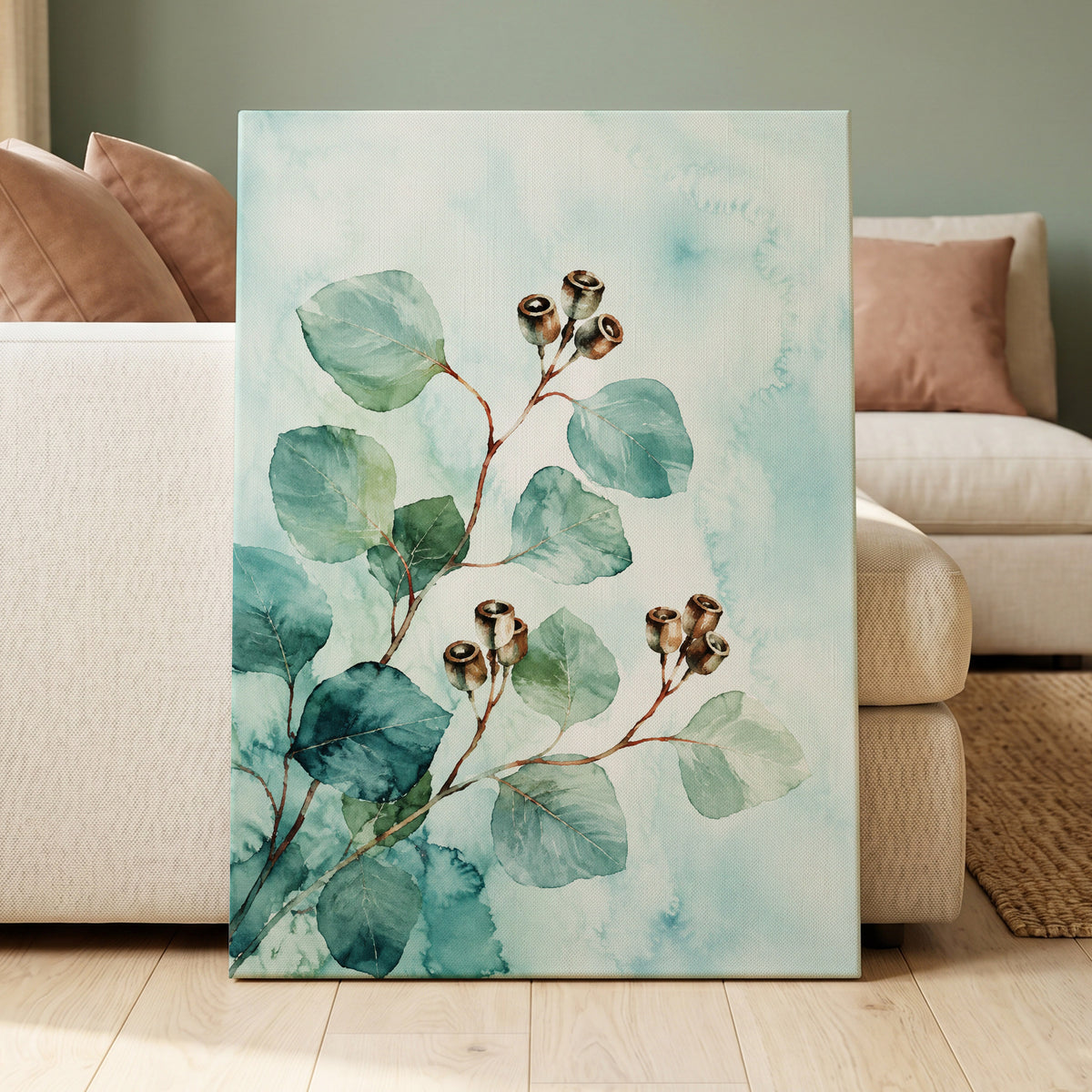 Seafoam Branches, green, blue, brown nature wall art displayed in a styled interior, gallery view 3