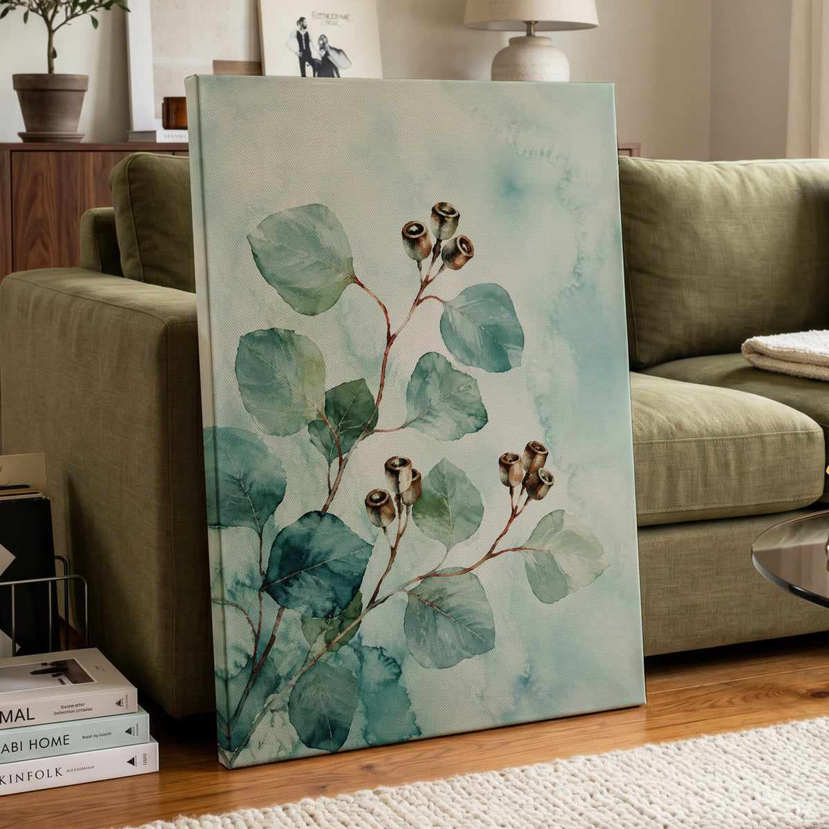 Seafoam Branches, green, blue, brown nature wall art displayed in a styled interior, gallery view 7
